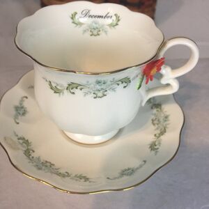 Vintage 70s Enesco December Dainty Green Floral Bone China Teacup Set
